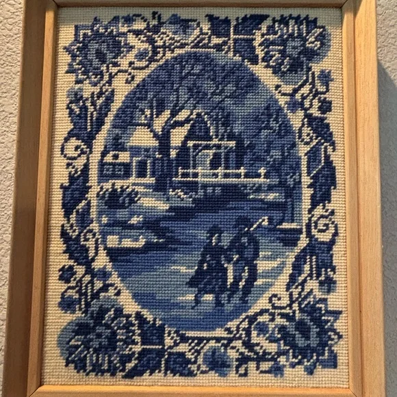 Vintage Blue Cross-Stitch Scenic Winter Art in Wooden Frame - Picture 13 of 16